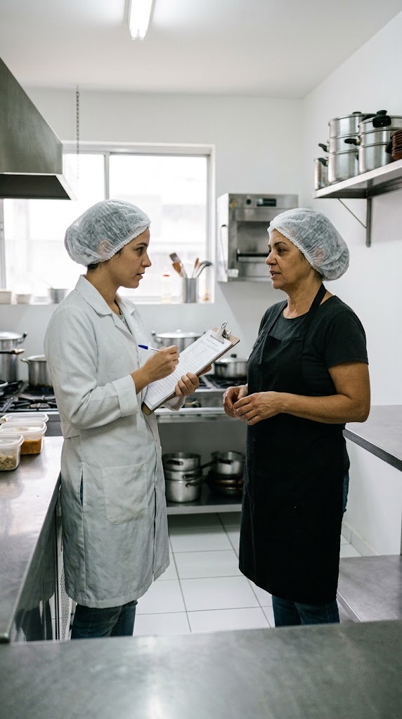 Consultor da Elo Quality avaliando a rotina de Segurança dos Alimentos em cozinha profissional